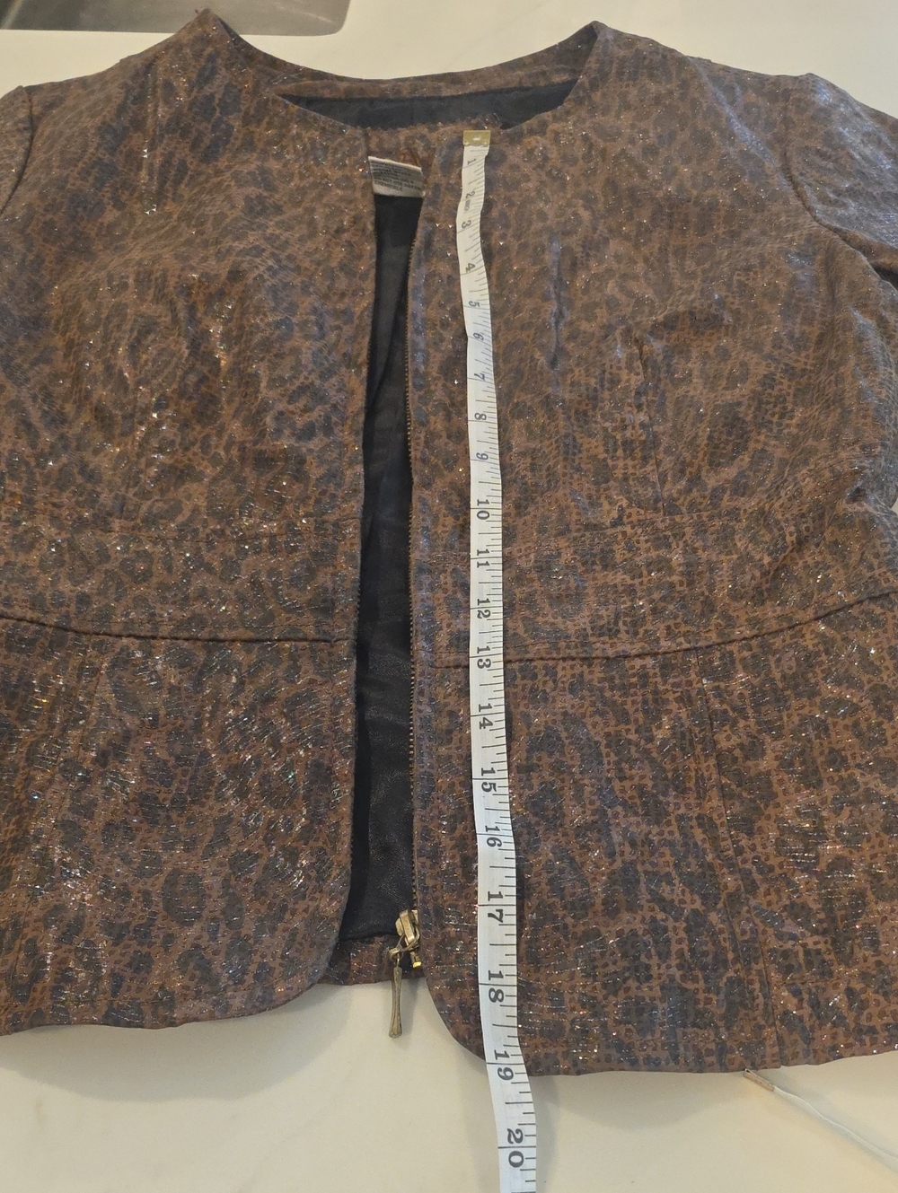 Brown Metallic Leopard Textured Zip-Front Women’s Jacket - Picture 9 of 12